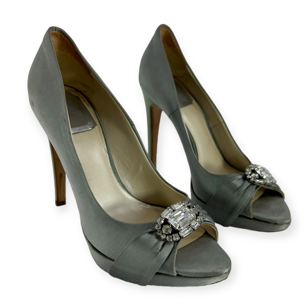 CHRISTIAN DIOR satin platforms peep toe diamond rhinestone shoes 36 5.5 US
